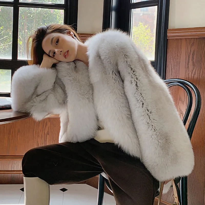 Women Fluffy Fox Fur Coat Long Sleeve Full Fur Overcoat Luxury Warm Winter 2022 New 4906