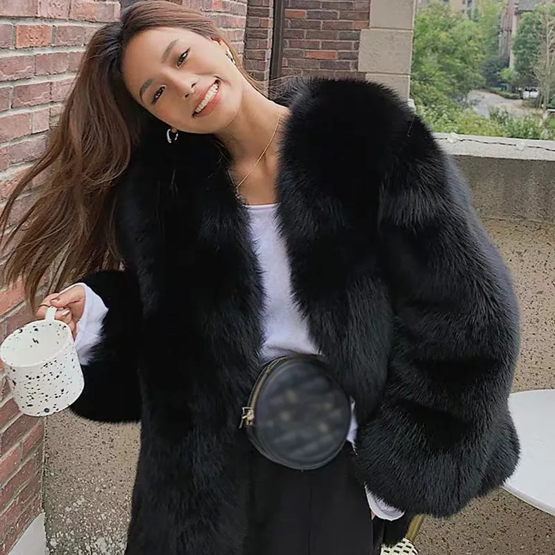 Women Fluffy Fox Fur Coat Long Sleeve Full Fur Overcoat Luxury Warm Winter 2022 New 4906