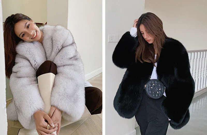 Women Fluffy Fox Fur Coat Long Sleeve Full Fur Overcoat Luxury Warm Winter 2022 New 4906