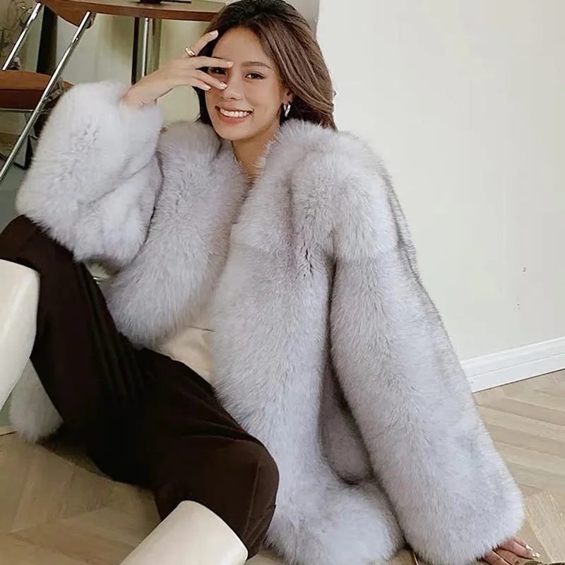 Women Fluffy Fox Fur Coat Long Sleeve Full Fur Overcoat Luxury Warm Winter 2022 New 4906