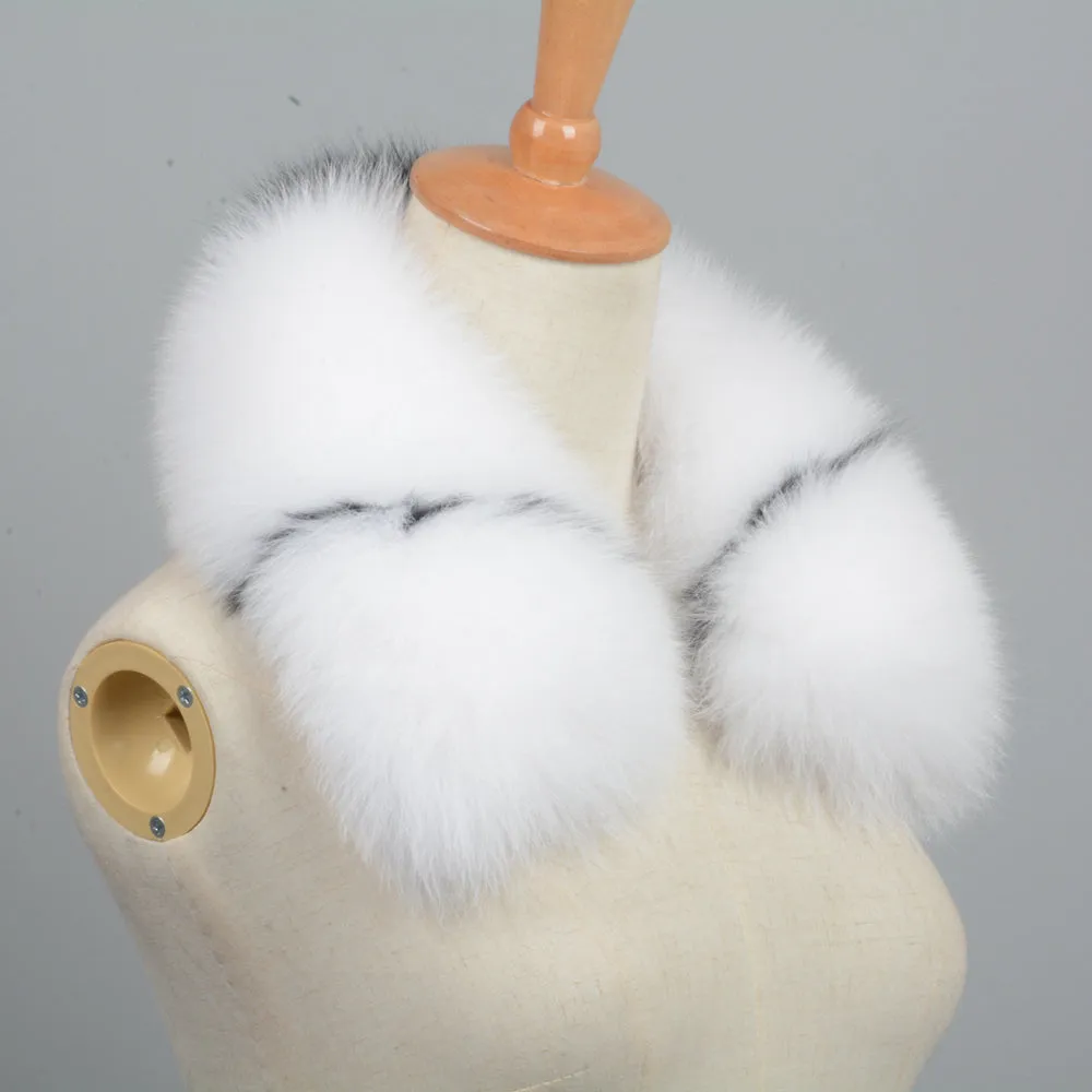Women Fox Fur Shawl Black Mix White Real Fur Fluffy Collar