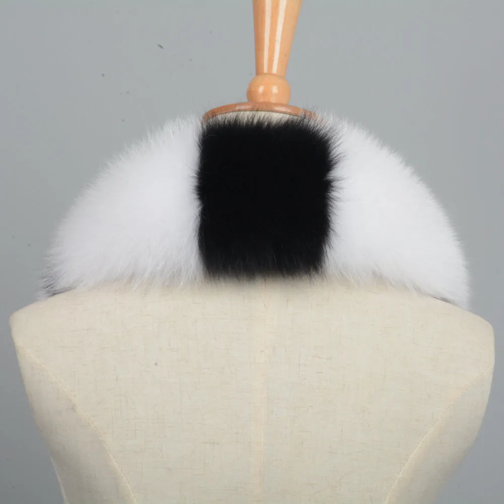 Women Fox Fur Shawl Black Mix White Real Fur Fluffy Collar
