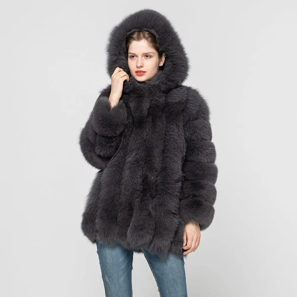 Women Genuine Fox Fur Hooded Coat Fur Outerwear Winter Dark Grey Fur Coat