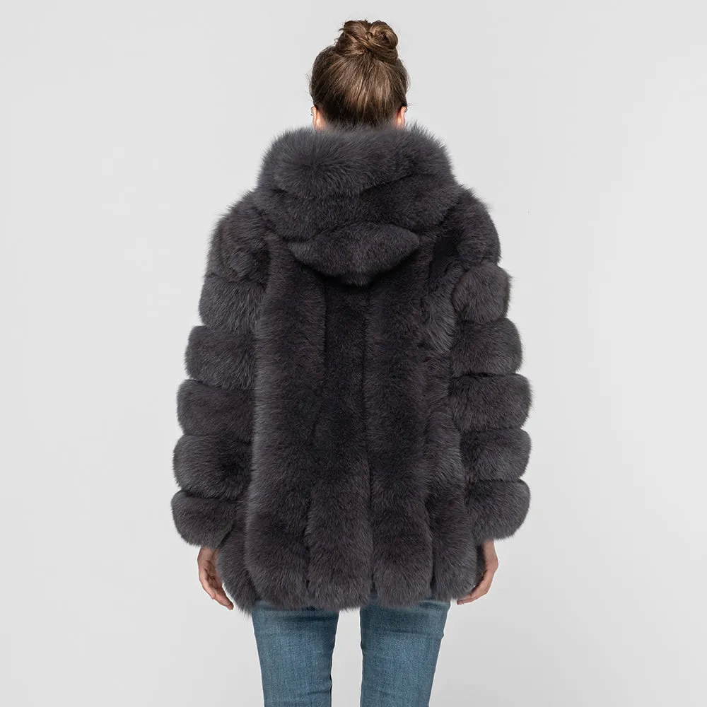 Women Genuine Fox Fur Hooded Coat Fur Outerwear Winter Dark Grey Fur Coat