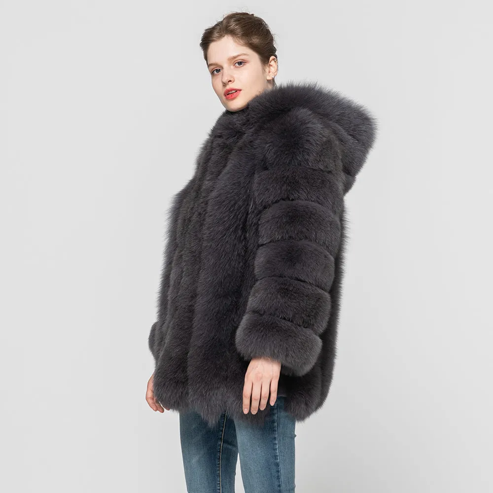Women Genuine Fox Fur Hooded Coat Fur Outerwear Winter Dark Grey Fur Coat