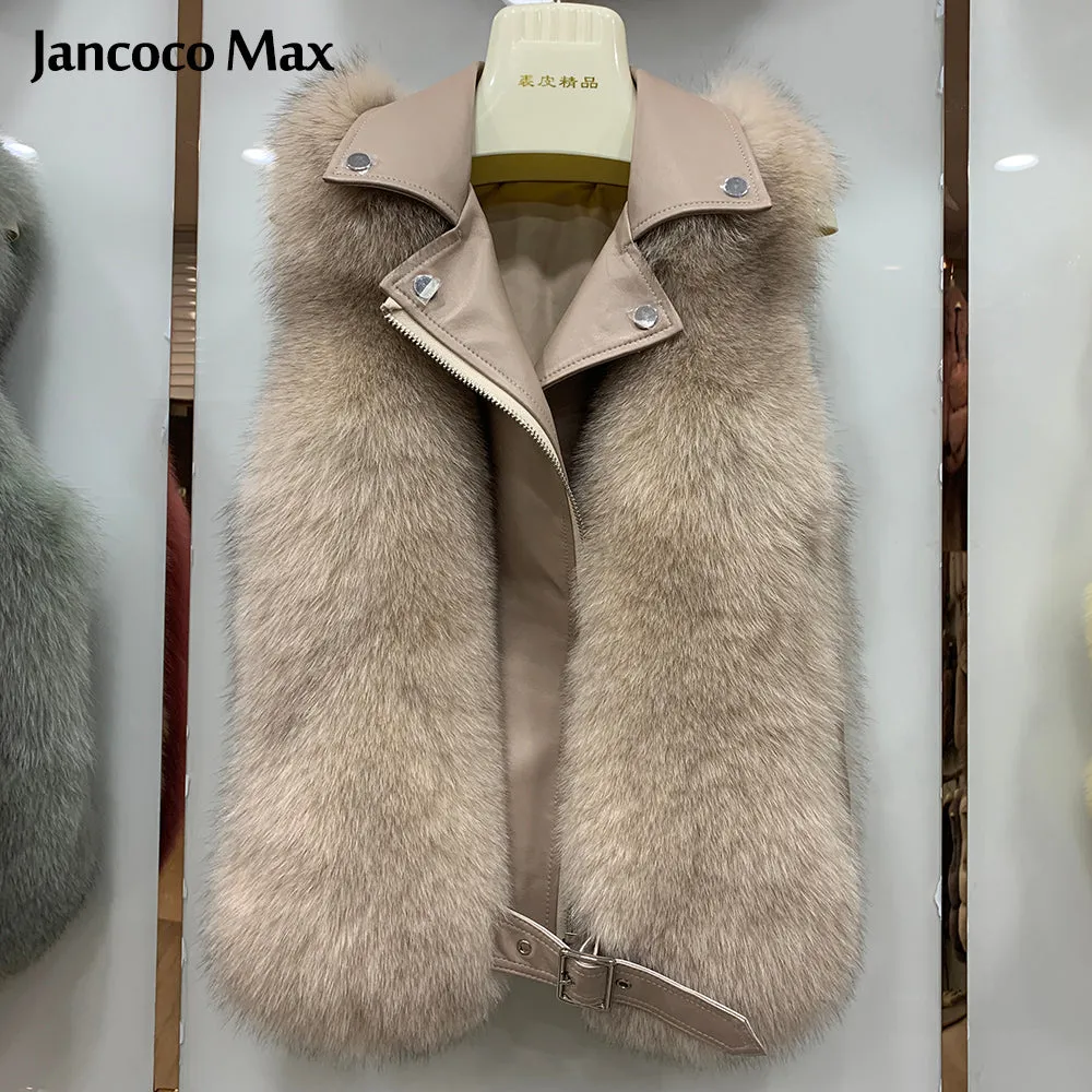 Women Luxury Real Fox Fur Vest Genuine Sheepskin Leather Fur Gilets