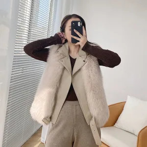 Women Luxury Real Fox Fur Vest Genuine Sheepskin Leather Fur Gilets
