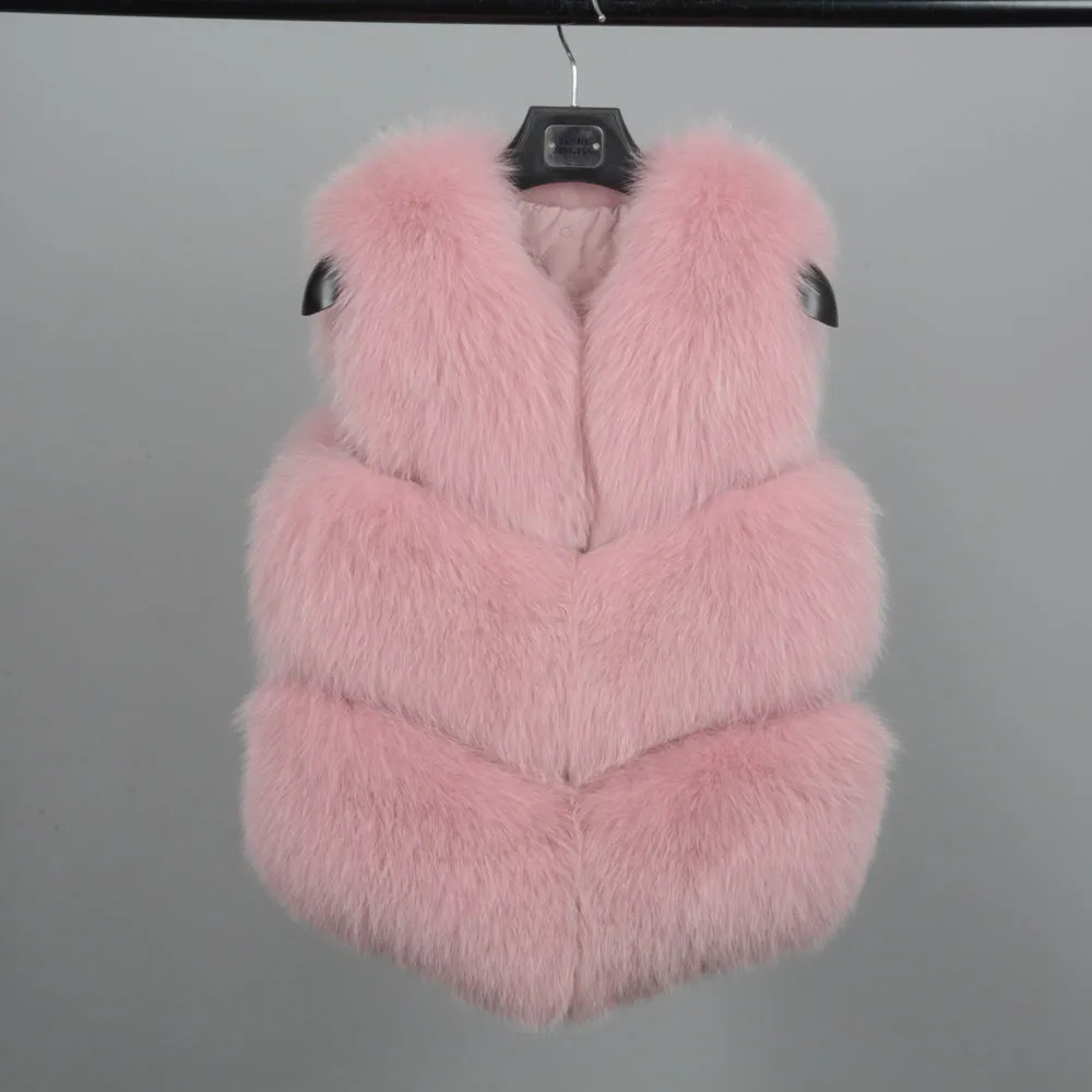 Women Real Fox Fur Vests Winter Fur Lady Pink Fur Gilet 3 Rows Waistcoat