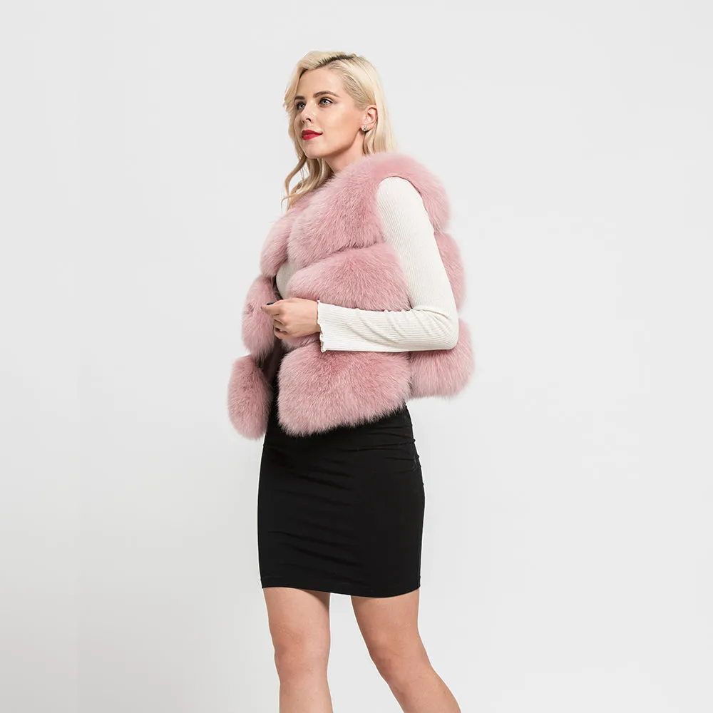 Women Real Fox Fur Vests Winter Fur Lady Pink Fur Gilet 3 Rows Waistcoat