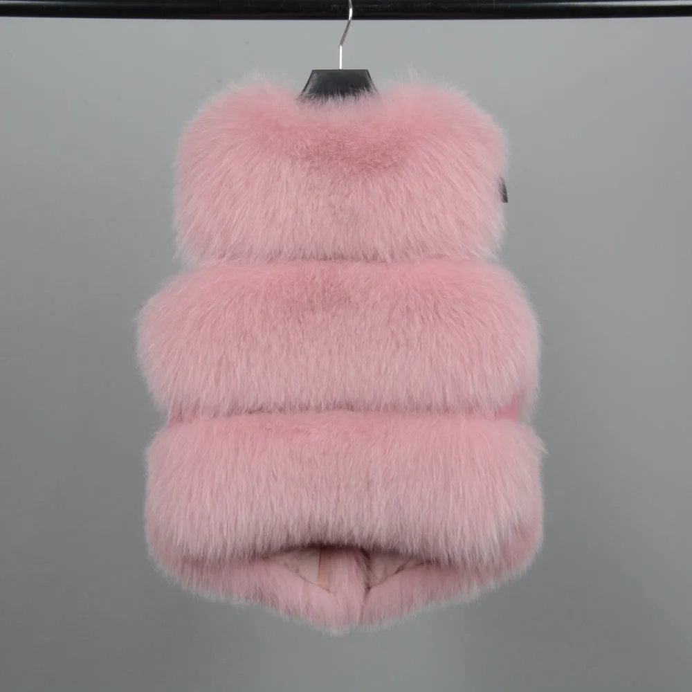 Women Real Fox Fur Vests Winter Fur Lady Pink Fur Gilet 3 Rows Waistcoat