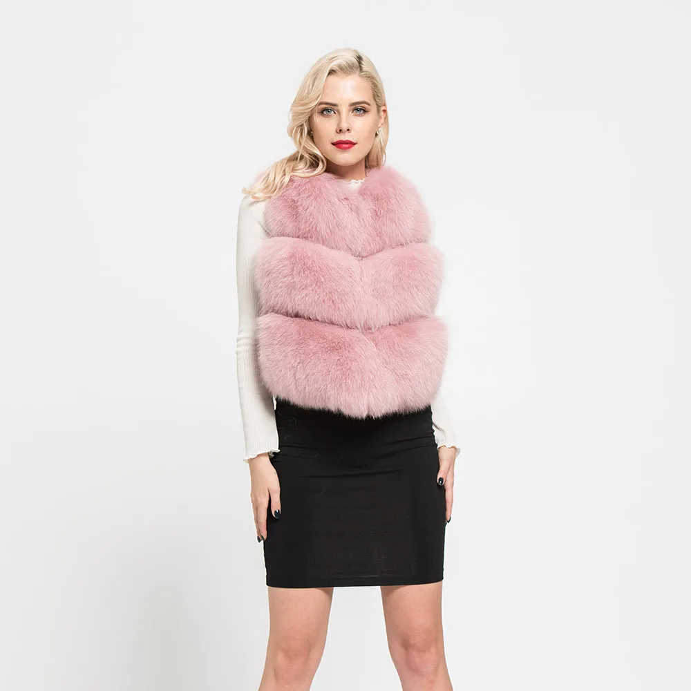 Women Real Fox Fur Vests Winter Fur Lady Pink Fur Gilet 3 Rows Waistcoat