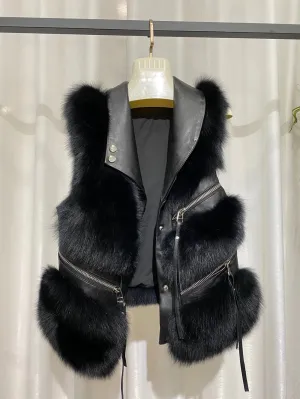 Women Winter Genuine Sheepskin Leather Gilets Real Fox Fur Vest