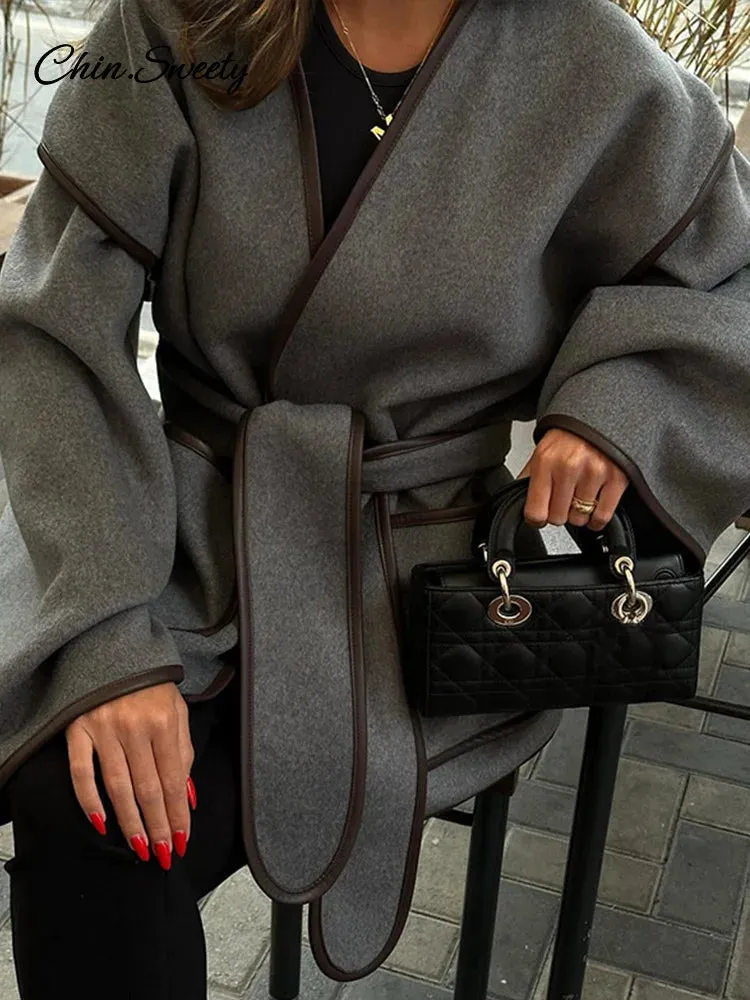 Women Women&#8217;s Sleeve New Overcoats Belt Autumn Patchwork V-neck Flash sale Lady Long Contrast Female Compatible  in Pocket Elegant Outwear Coats