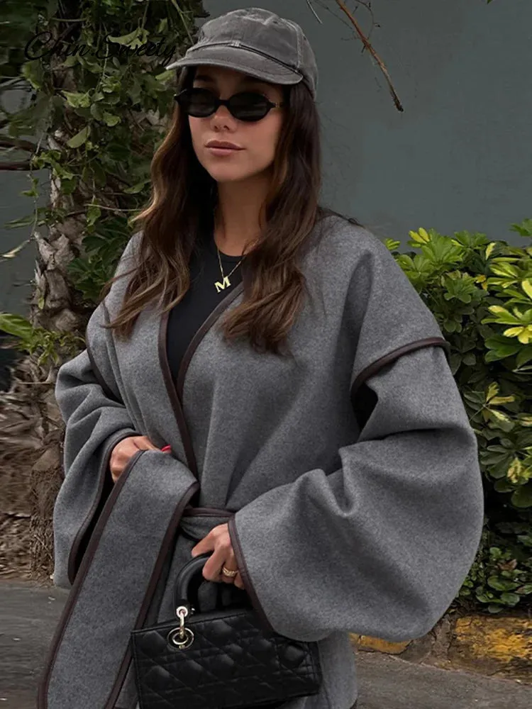 Women Women&#8217;s Sleeve New Overcoats Belt Autumn Patchwork V-neck Flash sale Lady Long Contrast Female Compatible  in Pocket Elegant Outwear Coats