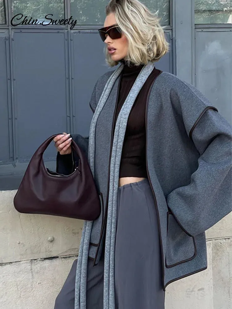Women Women&#8217;s Sleeve New Overcoats Belt Autumn Patchwork V-neck Flash sale Lady Long Contrast Female Compatible  in Pocket Elegant Outwear Coats