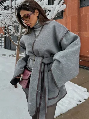 Women Women&#8217;s Sleeve New Overcoats Belt Autumn Patchwork V-neck Flash sale Lady Long Contrast Female Compatible  in Pocket Elegant Outwear Coats