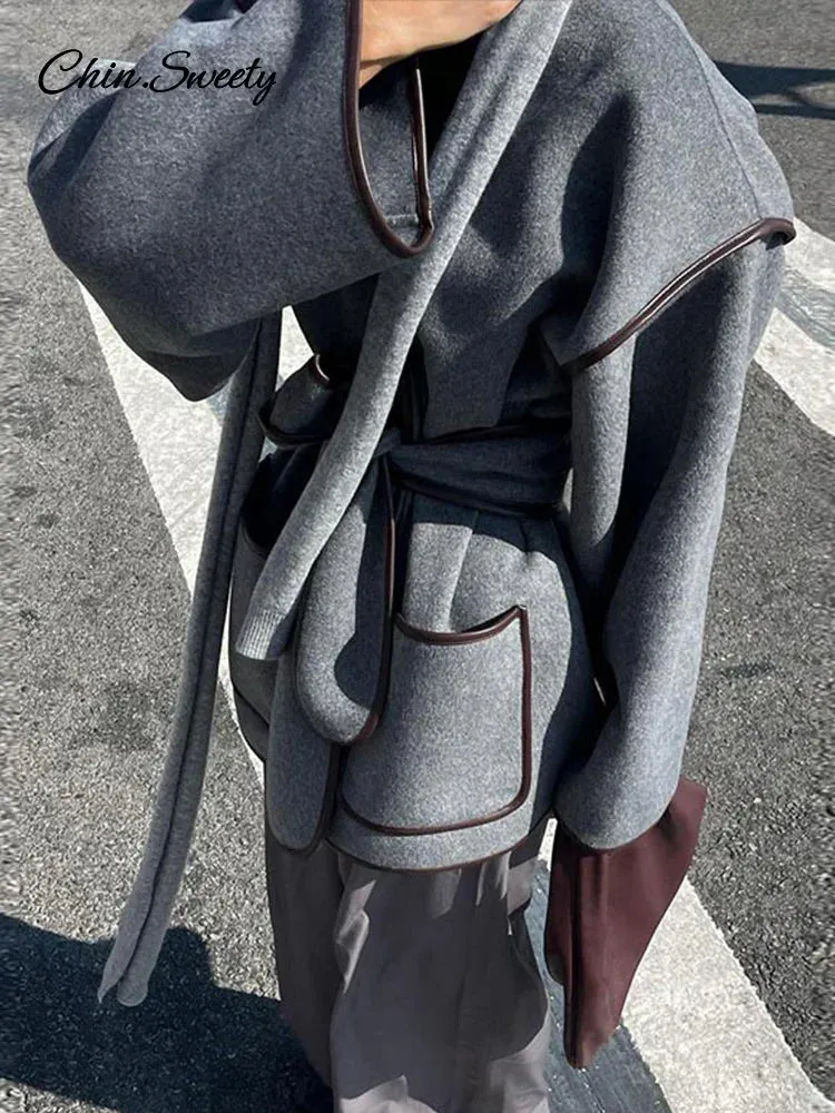 Women Women&#8217;s Sleeve New Overcoats Belt Autumn Patchwork V-neck Flash sale Lady Long Contrast Female Compatible  in Pocket Elegant Outwear Coats