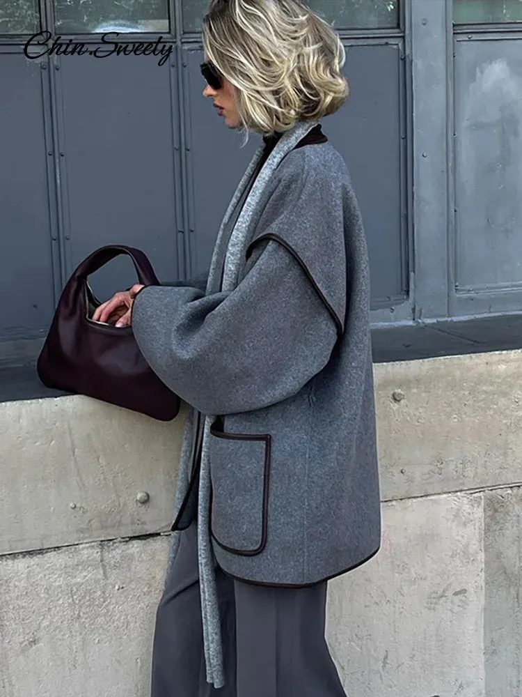 Women Women&#8217;s Sleeve New Overcoats Belt Autumn Patchwork V-neck Flash sale Lady Long Contrast Female Compatible  in Pocket Elegant Outwear Coats