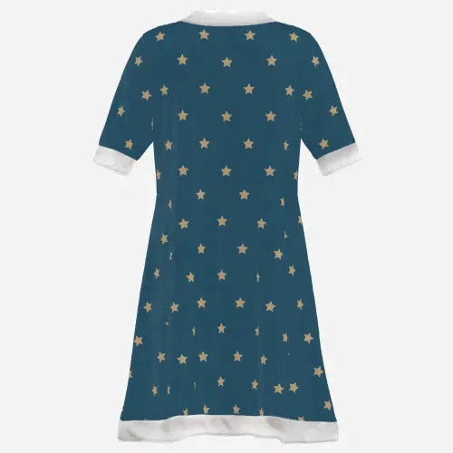 Women's Blue Velvet Star Print Mini Dress | Winter Holiday Party Dress | Fleece-Trimmed Celestial Dress