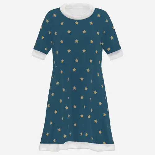 Women's Blue Velvet Star Print Mini Dress | Winter Holiday Party Dress | Fleece-Trimmed Celestial Dress