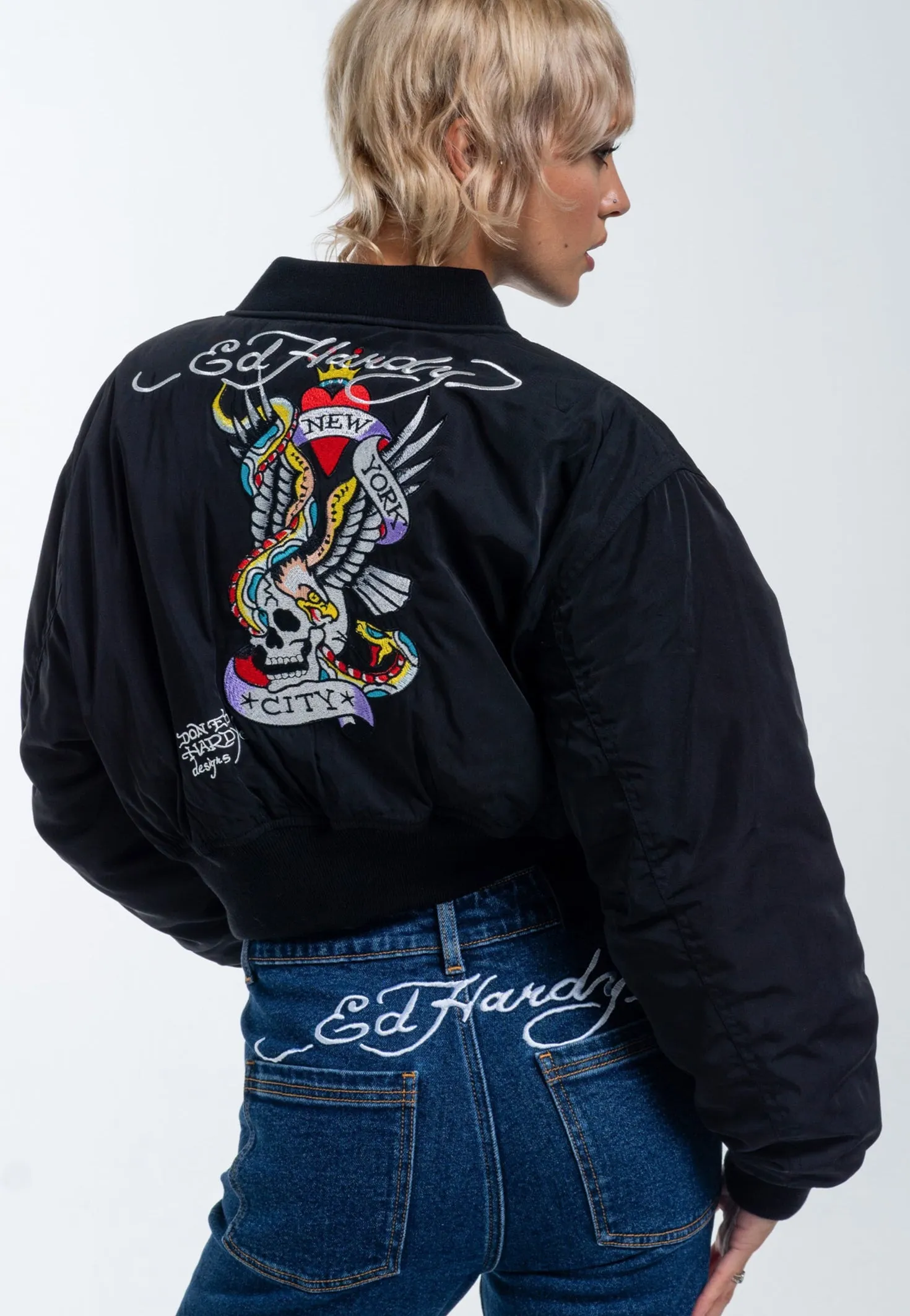 Womens City Night Cropped Bomber Jacket - Black
