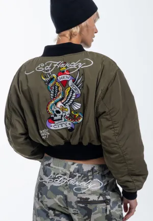 Womens City Night Cropped Bomber Jacket - Green