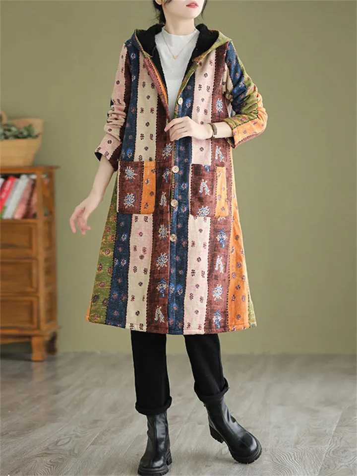 Women's Colorful Print Thickened Ethnic Mid Length Hooded Coat