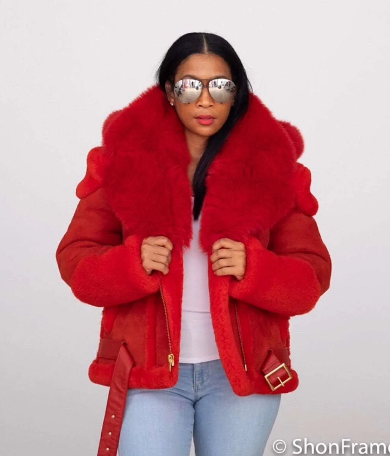 Women's Custom Made Red Suede Sheepskin with Fox fur hood