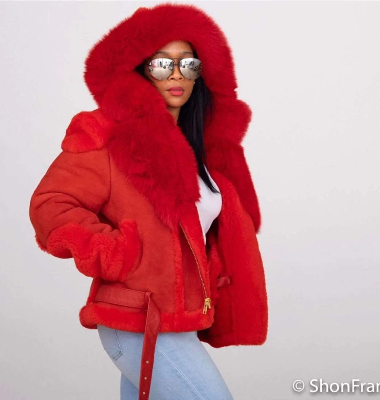 Women's Custom Made Red Suede Sheepskin with Fox fur hood