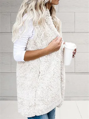 Women's Fashion Open Front Sleeveless Pocket Hooded Fuzzy Vest