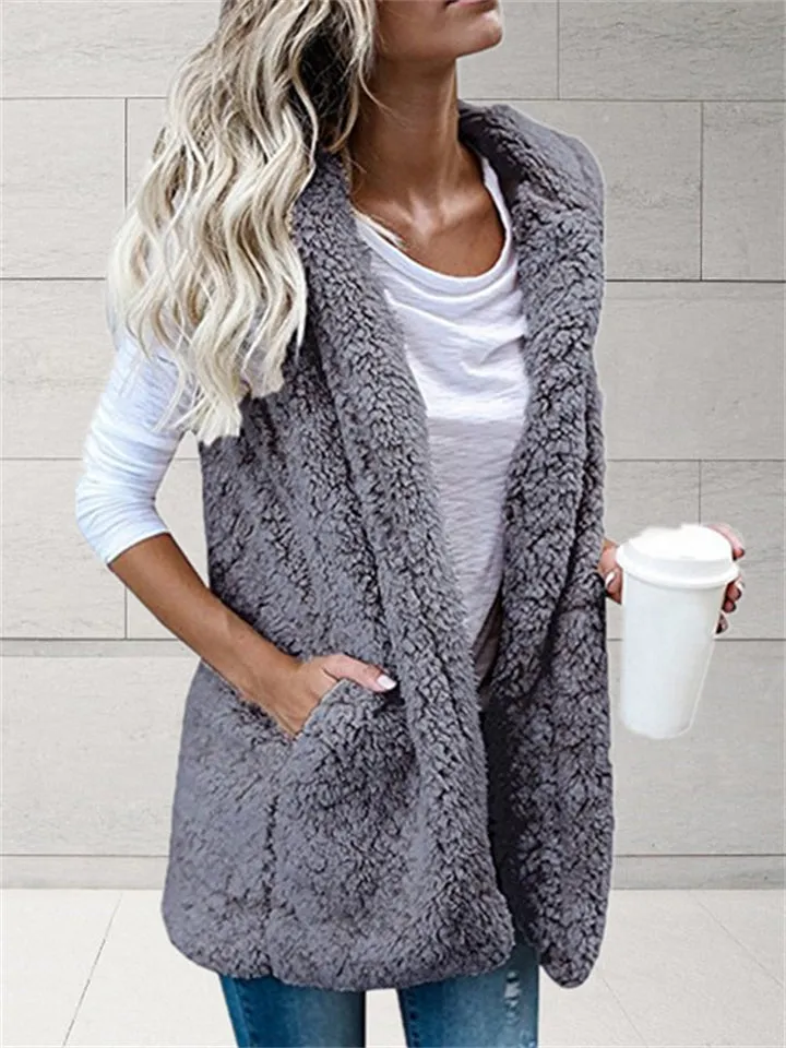Women's Fashion Open Front Sleeveless Pocket Hooded Fuzzy Vest