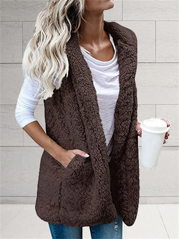 Women's Fashion Open Front Sleeveless Pocket Hooded Fuzzy Vest