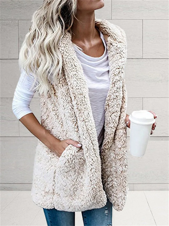 Women's Fashion Open Front Sleeveless Pocket Hooded Fuzzy Vest