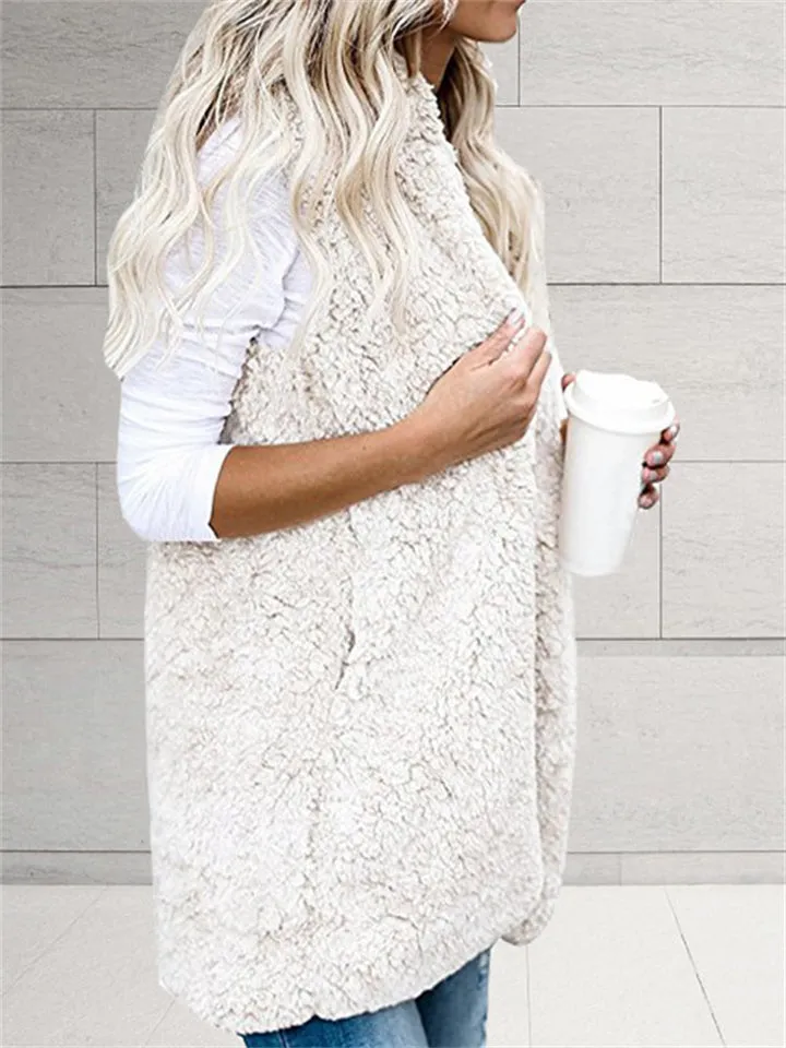 Women's Fashion Open Front Sleeveless Pocket Hooded Fuzzy Vest