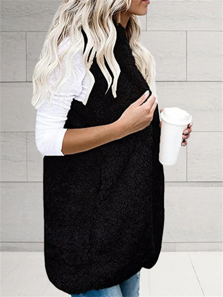 Women's Fashion Open Front Sleeveless Pocket Hooded Fuzzy Vest