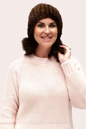 Women's Knitted Mink Fur Beanie with Fox Fur Pom Poms