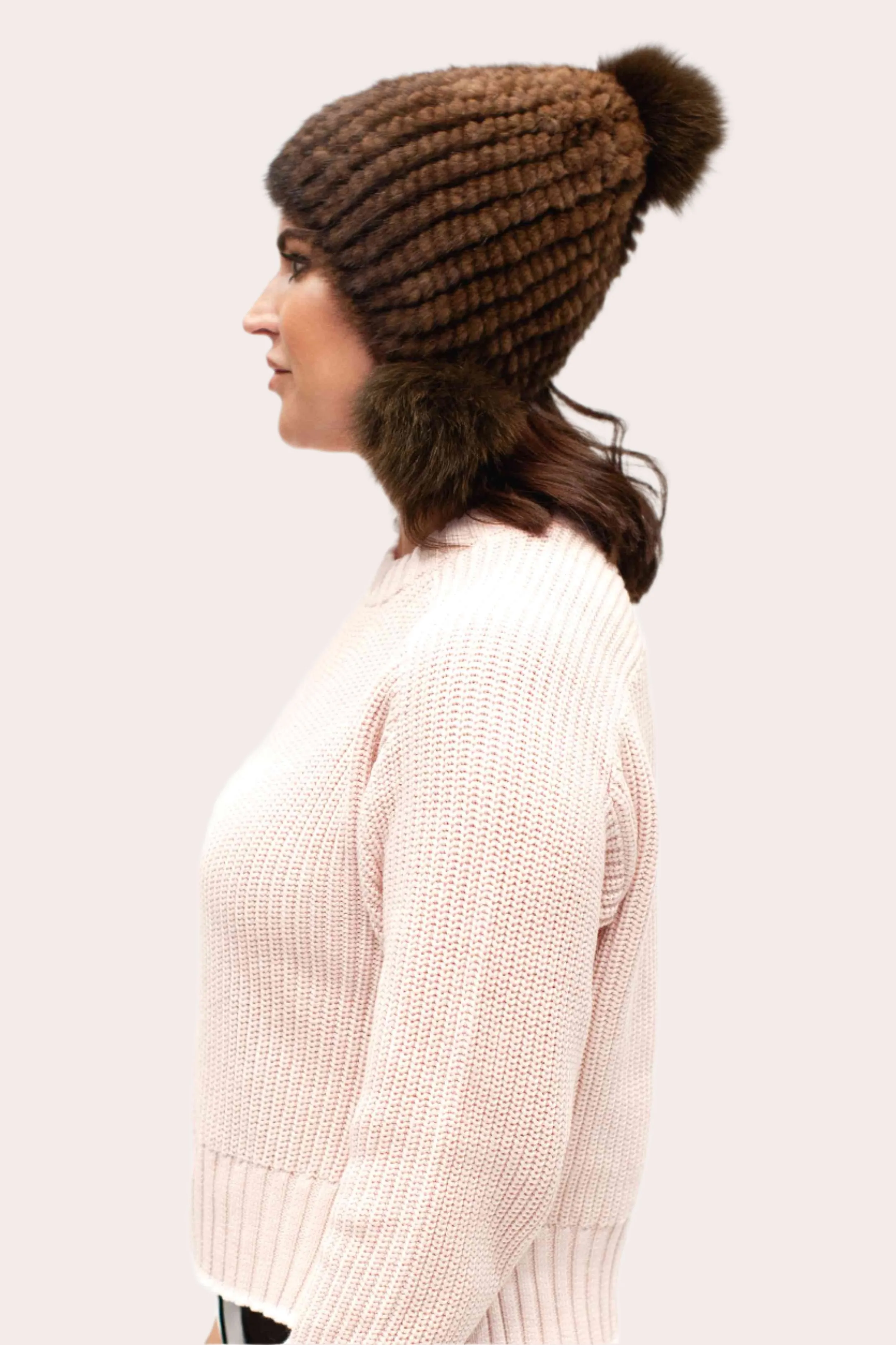 Women's Knitted Mink Fur Beanie with Fox Fur Pom Poms