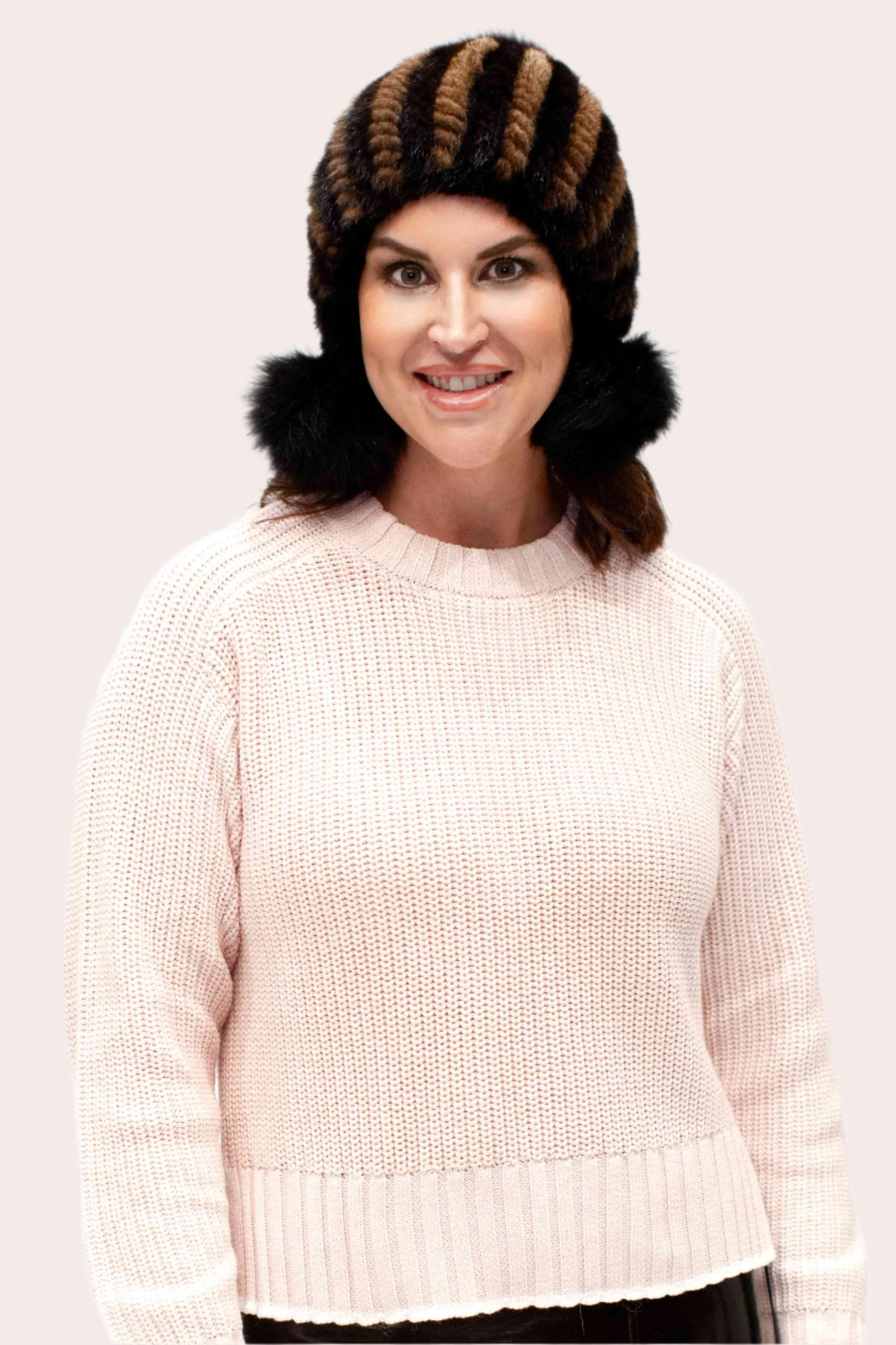 Women's Knitted Mink Fur Beanie with Fox Fur Pom Poms