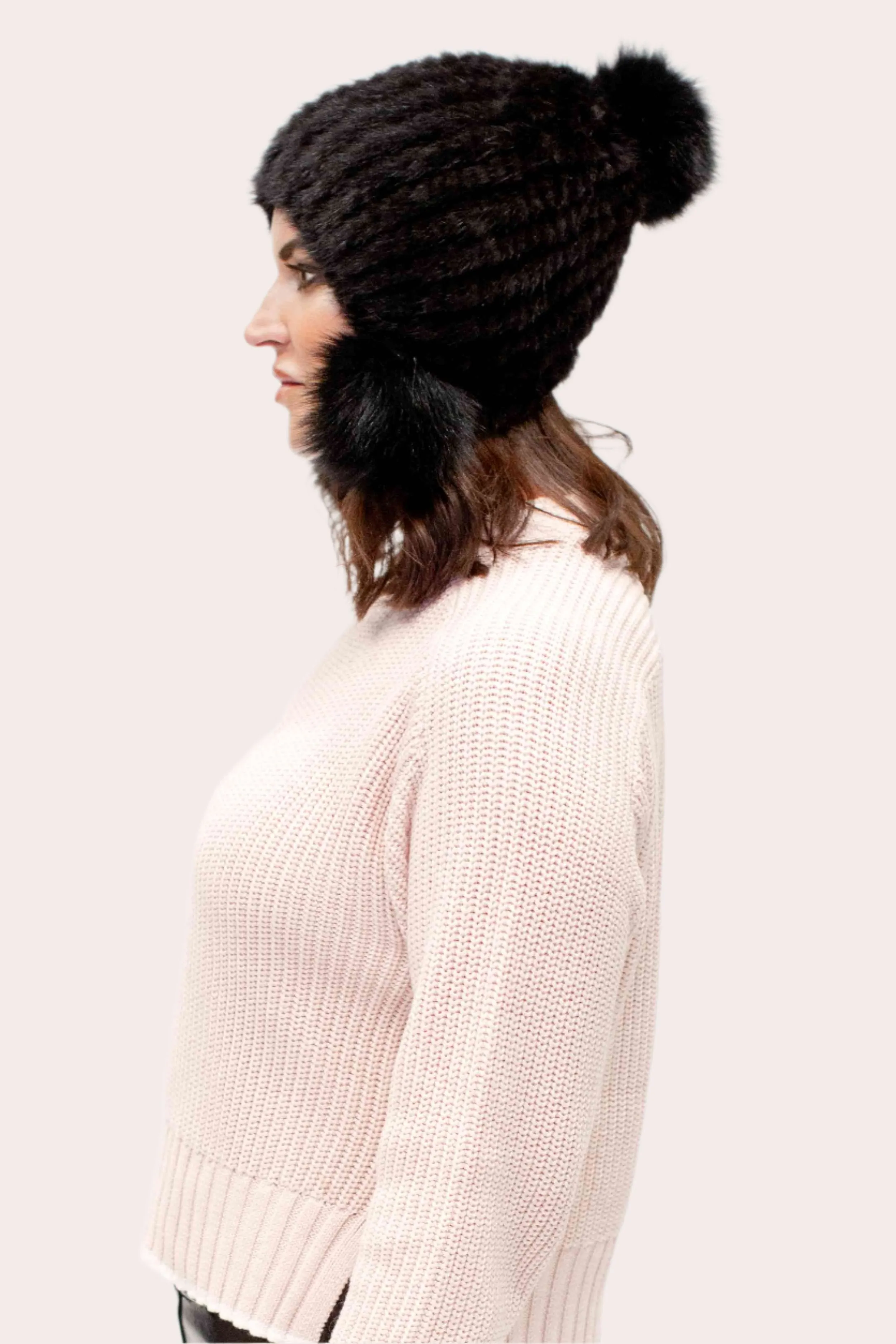 Women's Knitted Mink Fur Beanie with Fox Fur Pom Poms