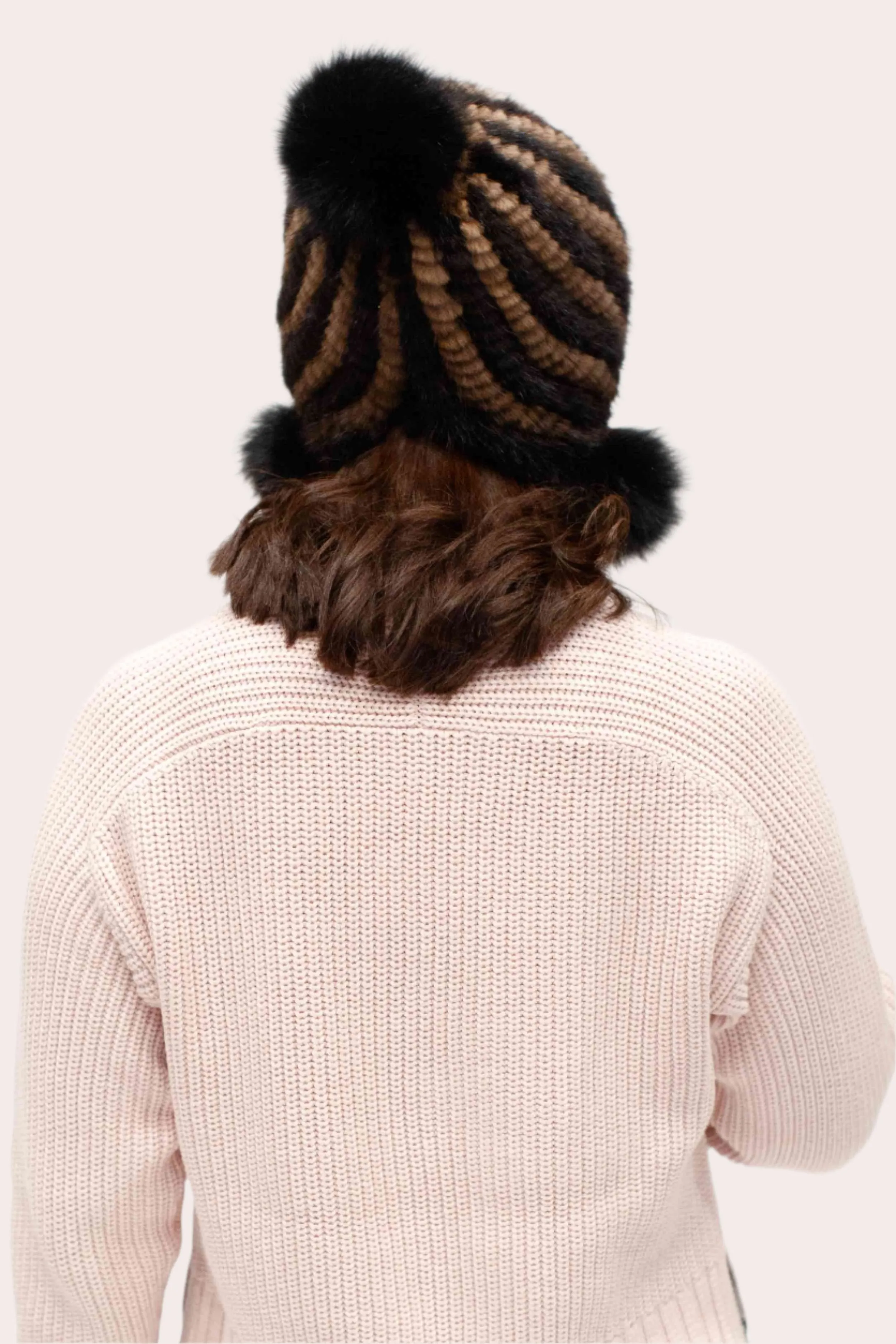 Women's Knitted Mink Fur Beanie with Fox Fur Pom Poms