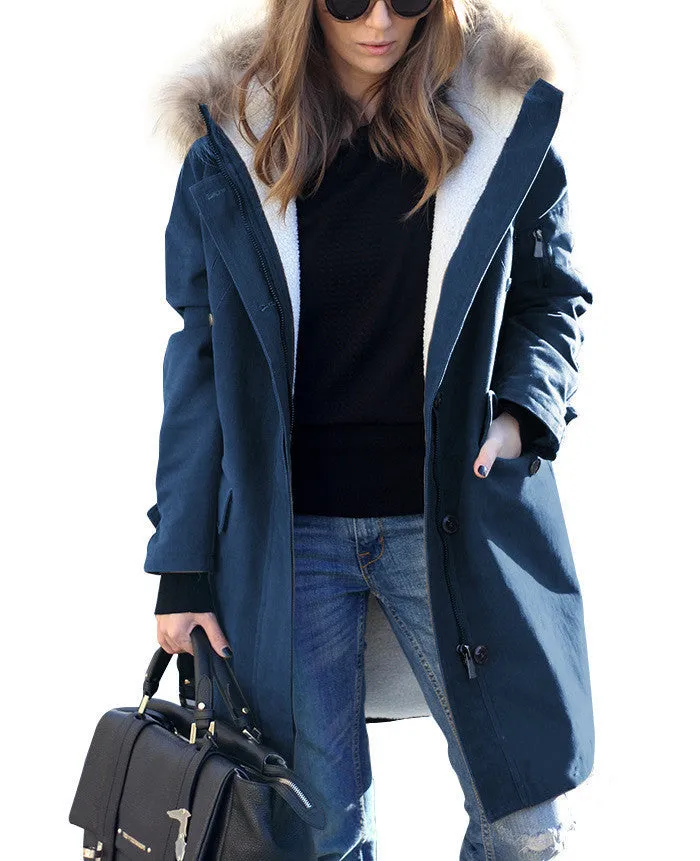 Women's Loose Extended Fur Collar Hooded Overcoats