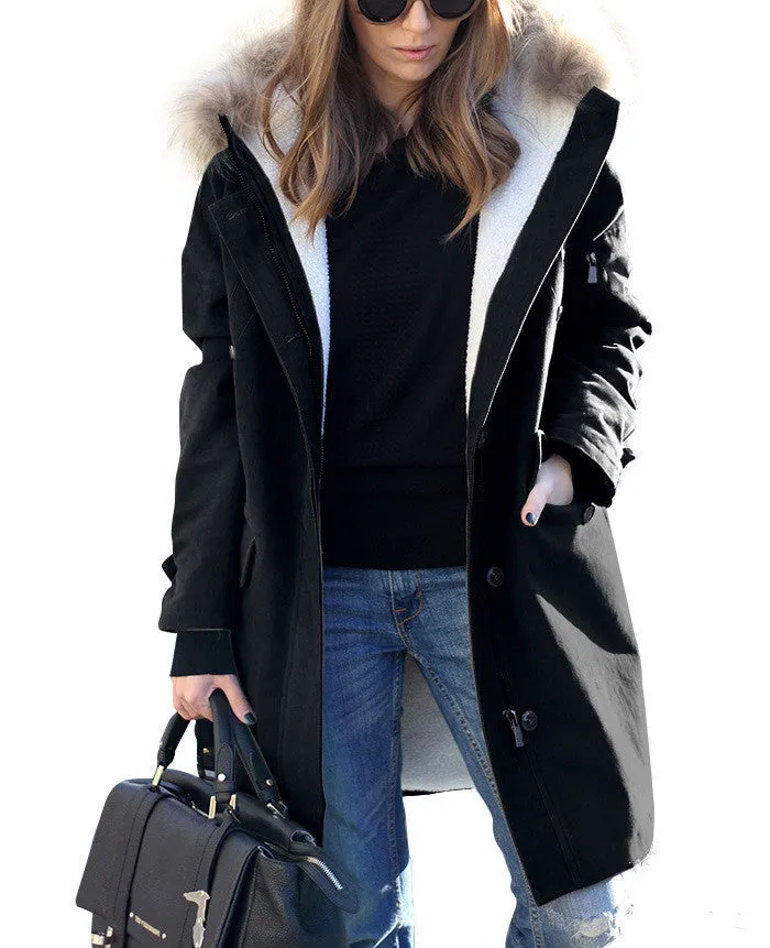 Women's Loose Extended Fur Collar Hooded Overcoats