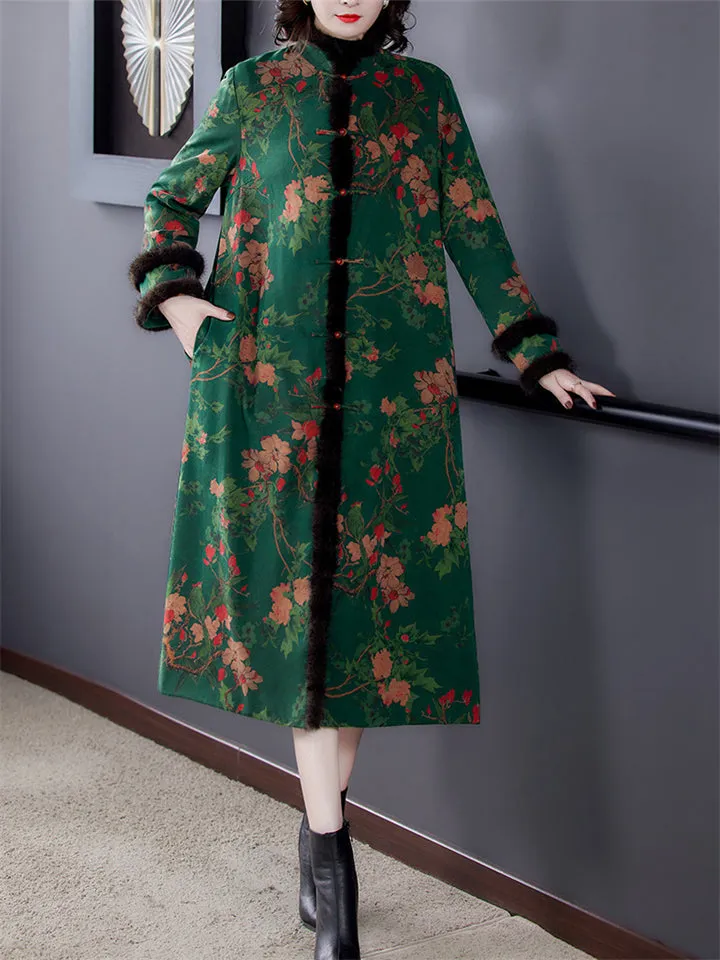 Women's Luxury Faux Fur Stand Collar Button Flower Print Long Coat