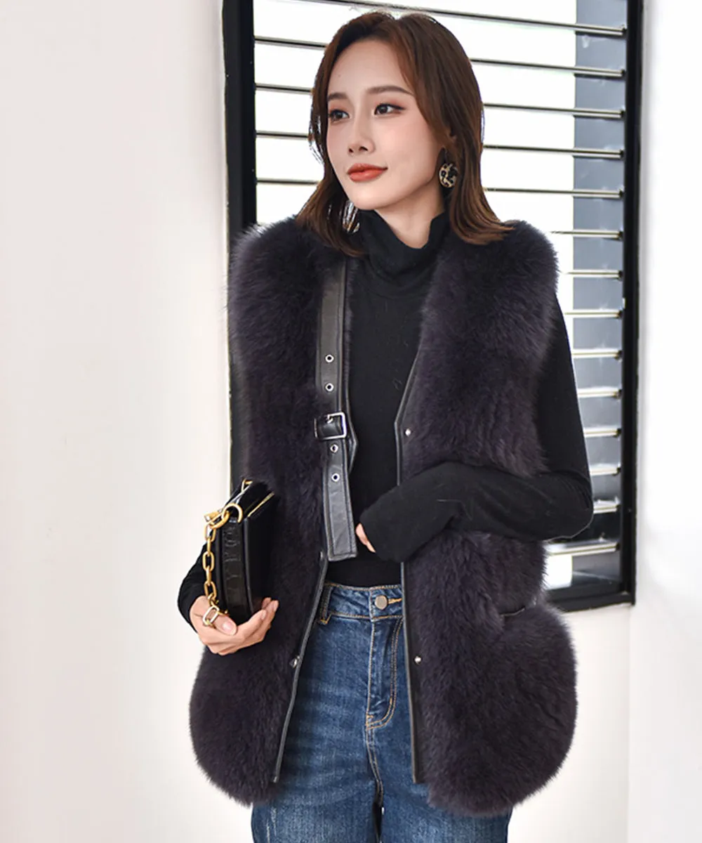 Women's Luxury Leather Gilet Winter Warm Real Fur Vest Fashion Waistcoat