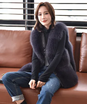 Women's Luxury Leather Gilet Winter Warm Real Fur Vest Fashion Waistcoat
