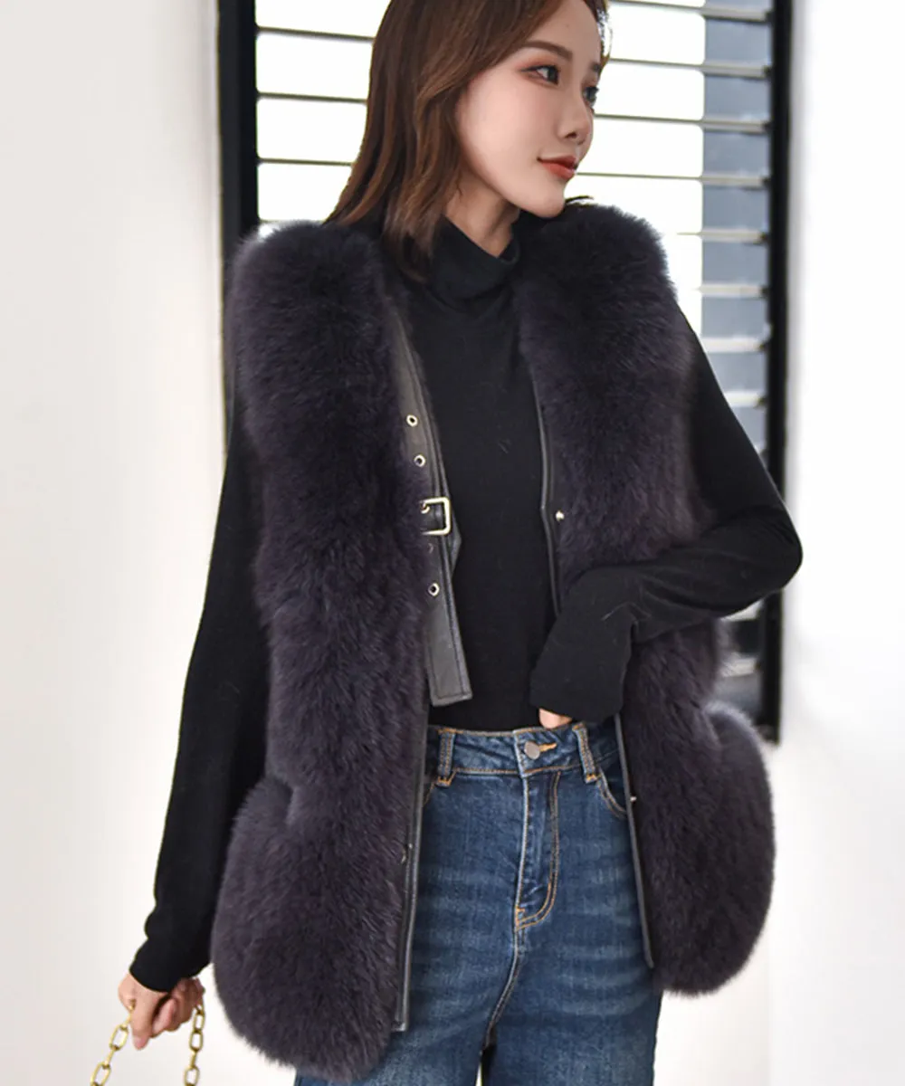 Women's Luxury Leather Gilet Winter Warm Real Fur Vest Fashion Waistcoat