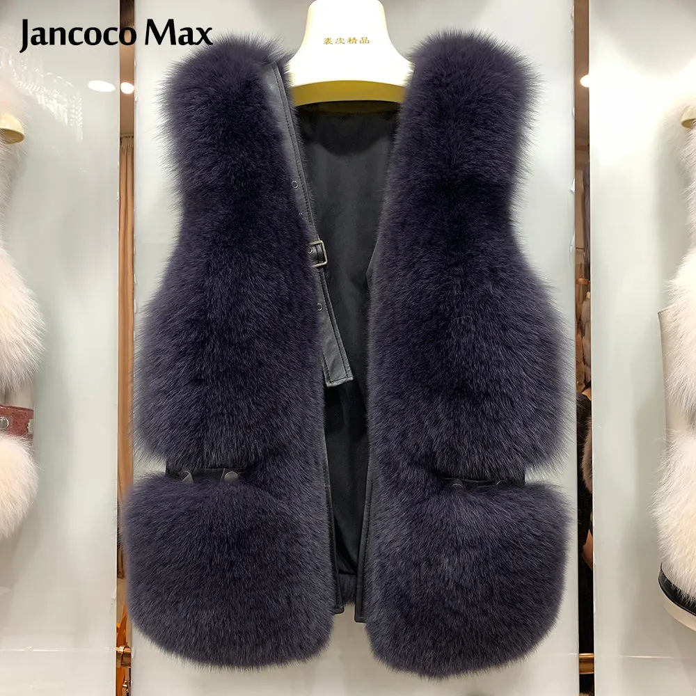 Women's Luxury Leather Gilet Winter Warm Real Fur Vest Fashion Waistcoat
