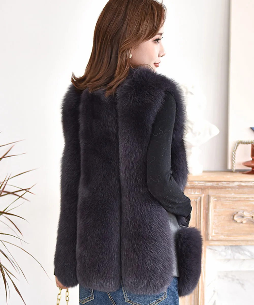 Women's Luxury Leather Gilet Winter Warm Real Fur Vest Fashion Waistcoat