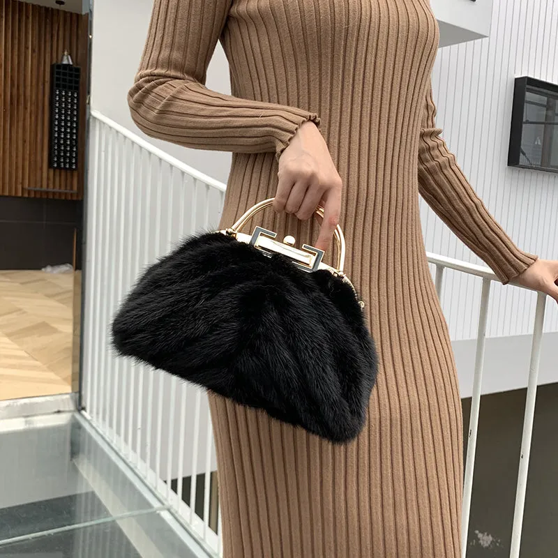 Women's Mink Fur Handbags Soft Clutch Bag Luxury Evening Bags Chain Crossbody Bags Fashion Female Elegant Clip Purse Bag 8802