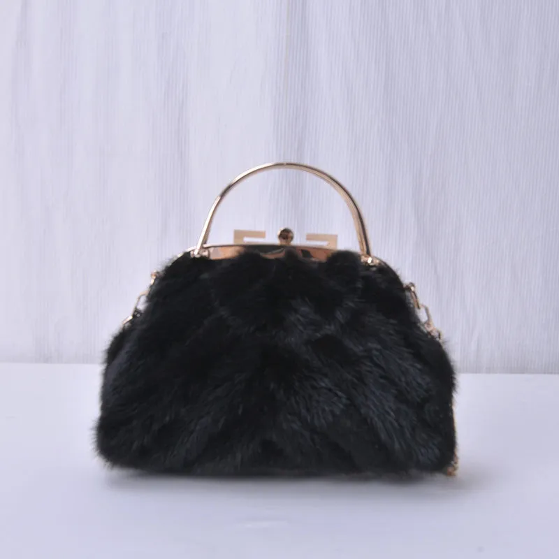 Women's Mink Fur Handbags Soft Clutch Bag Luxury Evening Bags Chain Crossbody Bags Fashion Female Elegant Clip Purse Bag 8802